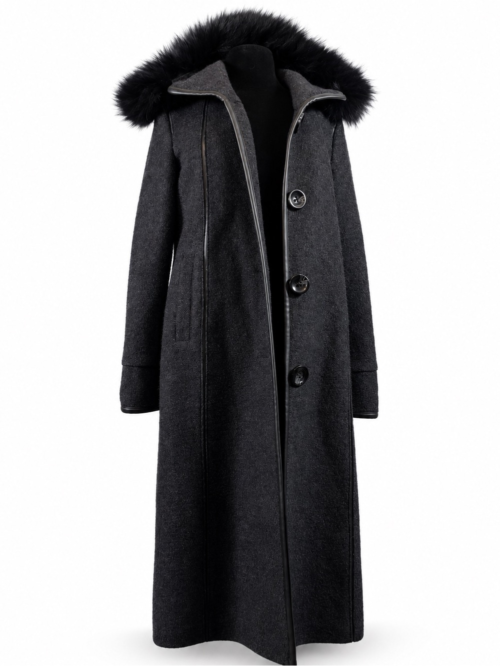Novelti Charcoal Wool Blend Long Coat Real Fox Fur Hood Trim Junior S/P Winter
